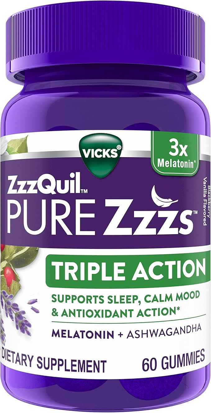 ZzzQuil PURE Zzzs, Triple Action Gummy, 3x Melatonin Sleep-Aid with Ashwagandha, Non-Habit Formin... | Amazon (US)