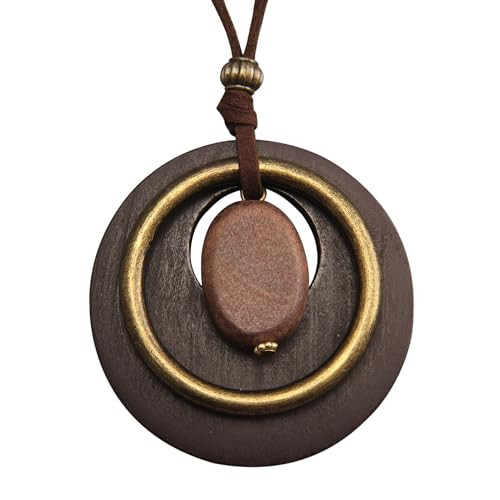 GelConnie Boho Pendant Necklace Chunky Bohemian Necklace Brown Circle Necklace Wooden Boho Long Necklace Circle Leather Pendant for Women | Amazon (US)