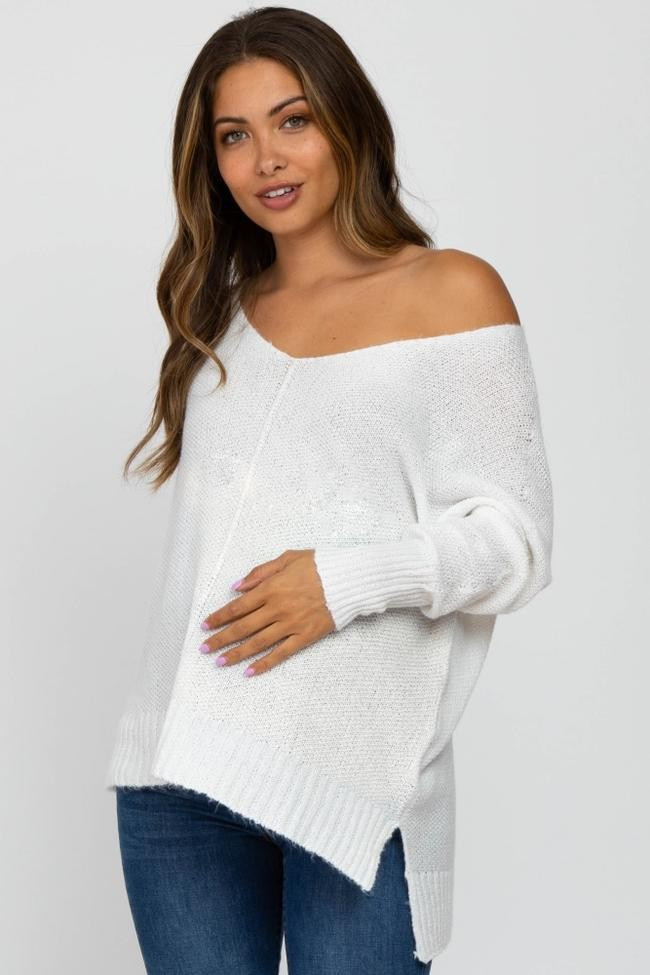 Ivory V-Neck Side Slit Maternity Sweater | PinkBlush Maternity