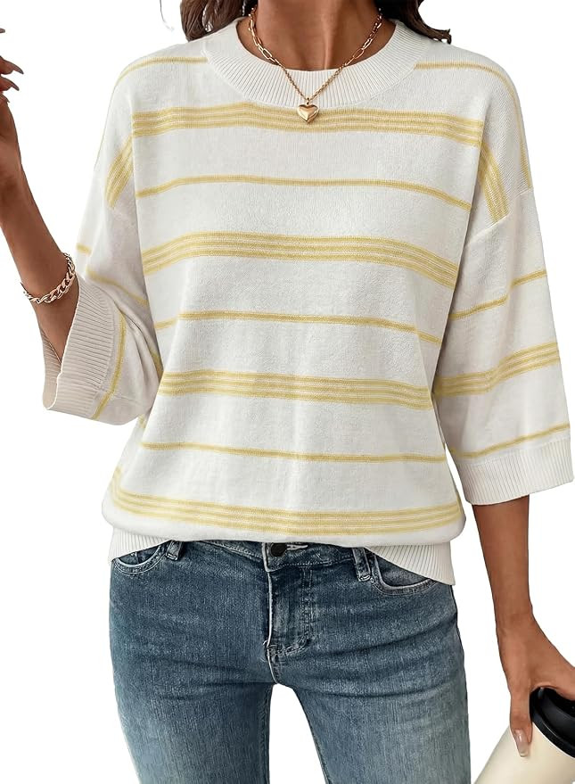 Dokotoo Womens Sweaters Oversized 3/4 Sleeve Striped Lightweight Knit Tops | Summer Fall Outfits,... | Amazon (US)