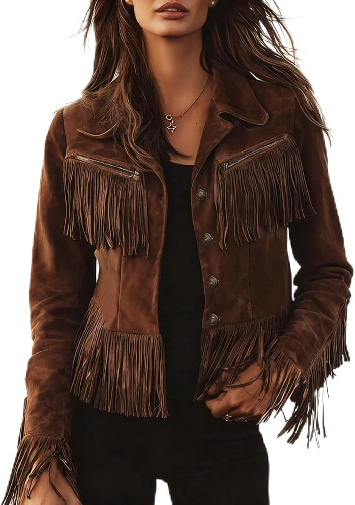 Women Faux Suede Leather Tassel Coat Fall Vintage Lapel Long Sleeve Tassel Motorcycle Short Fring... | Amazon (US)