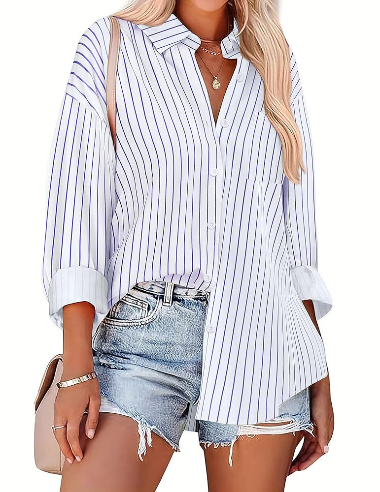 HOTOUCH Women Button Down Striped Shirts Drop Shoulder Blouse Long Sleeve Oversized Shirt with Po... | Amazon (US)