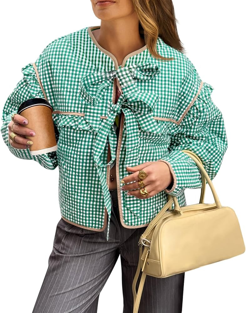 Tankaneo Womens Plaid Quilted Jackets Tie Front Lightweight Cropped Jacket Ruffled Puffer Padded ... | Amazon (US)