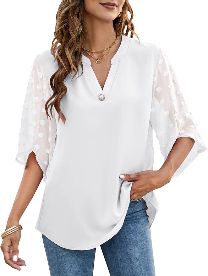LUYAA Women's Blouses and Tops Dressy V Neck Chiffon Blouses 3/4 Sleeve Shirts Work Casual Tops | Amazon (US)