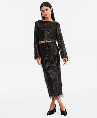 Women's High-Rise Sequin Fringe Side-Slit Midi Skirt | Macy's