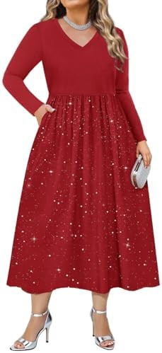 CARCOS Plus Size Dresses for Curvy Women V Neck Long Sleeve Patchwork Casual Wedding Cocktail Dre... | Amazon (US)