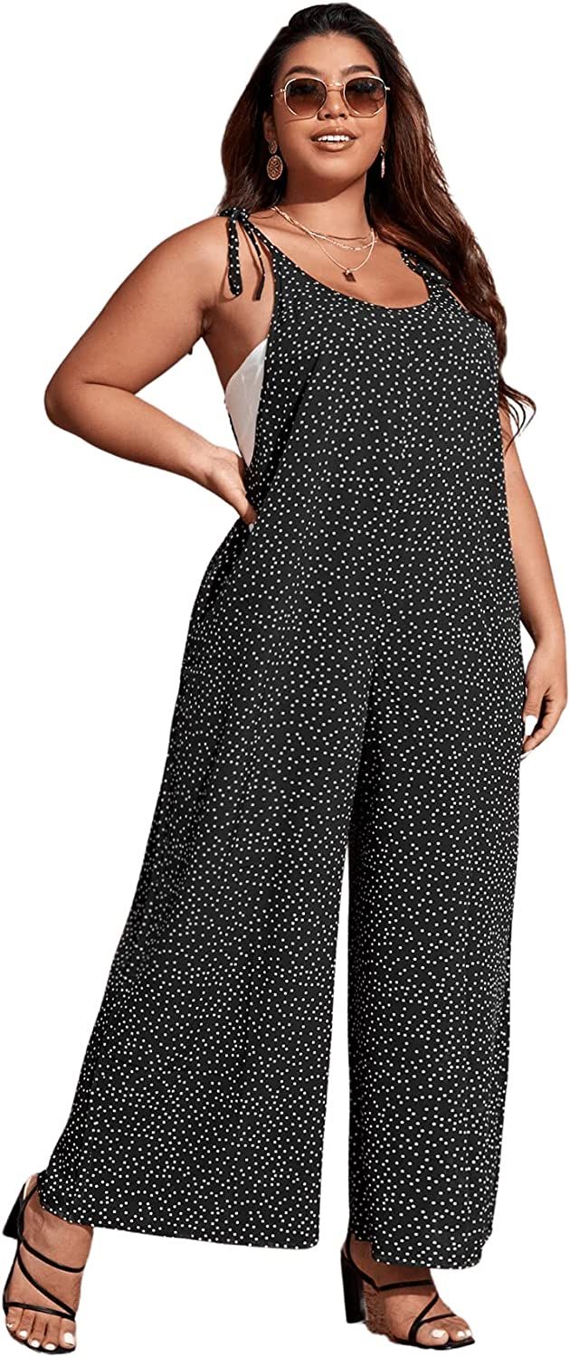 Romwe Women's Plus Size Summer Polka Dots Wide Leg Cami Jumpsuit Tie Shoulder Long Romper with Po... | Amazon (US)