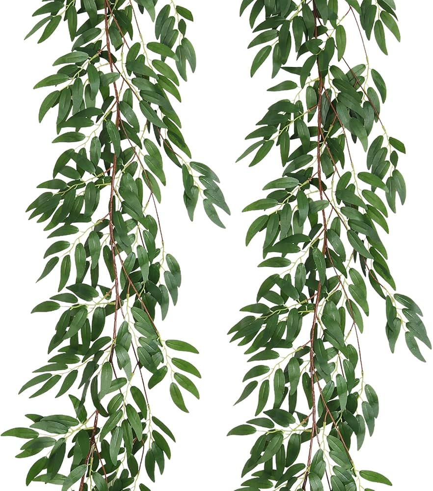 Artificial Hanging Willow Vine Twigs 2Pcs 5.7Ft Fake Hanging Plant Silk Willow Leaves Ivy Garland... | Amazon (US)