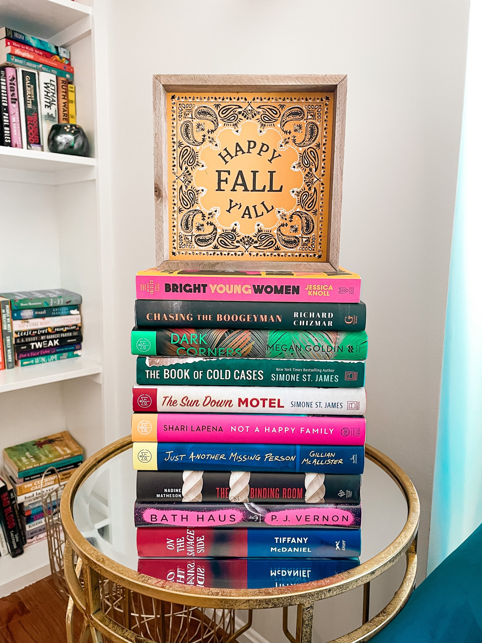 Fall decor, book stack, books to read, good books, gold table, book shelves, reading room, fall decoration, happy fall ya’ll, autumn 

#LTKSeasonal #LTKhome #LTKunder50