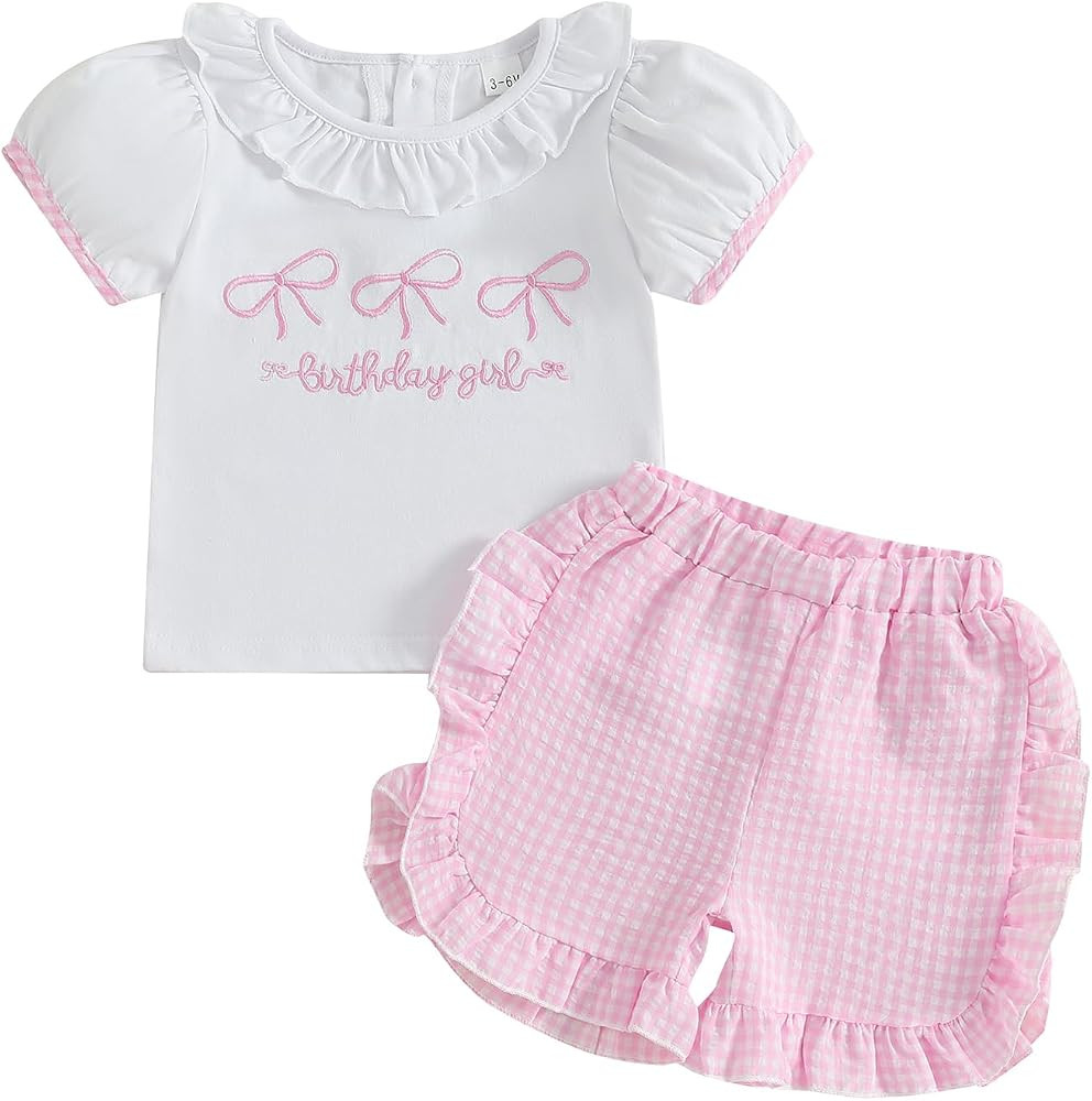 Baby Girl Birthday Outfit Letters Bow Embroidery Short Sleeve Shirts Elastic Waist Shorts Birthda... | Amazon (US)