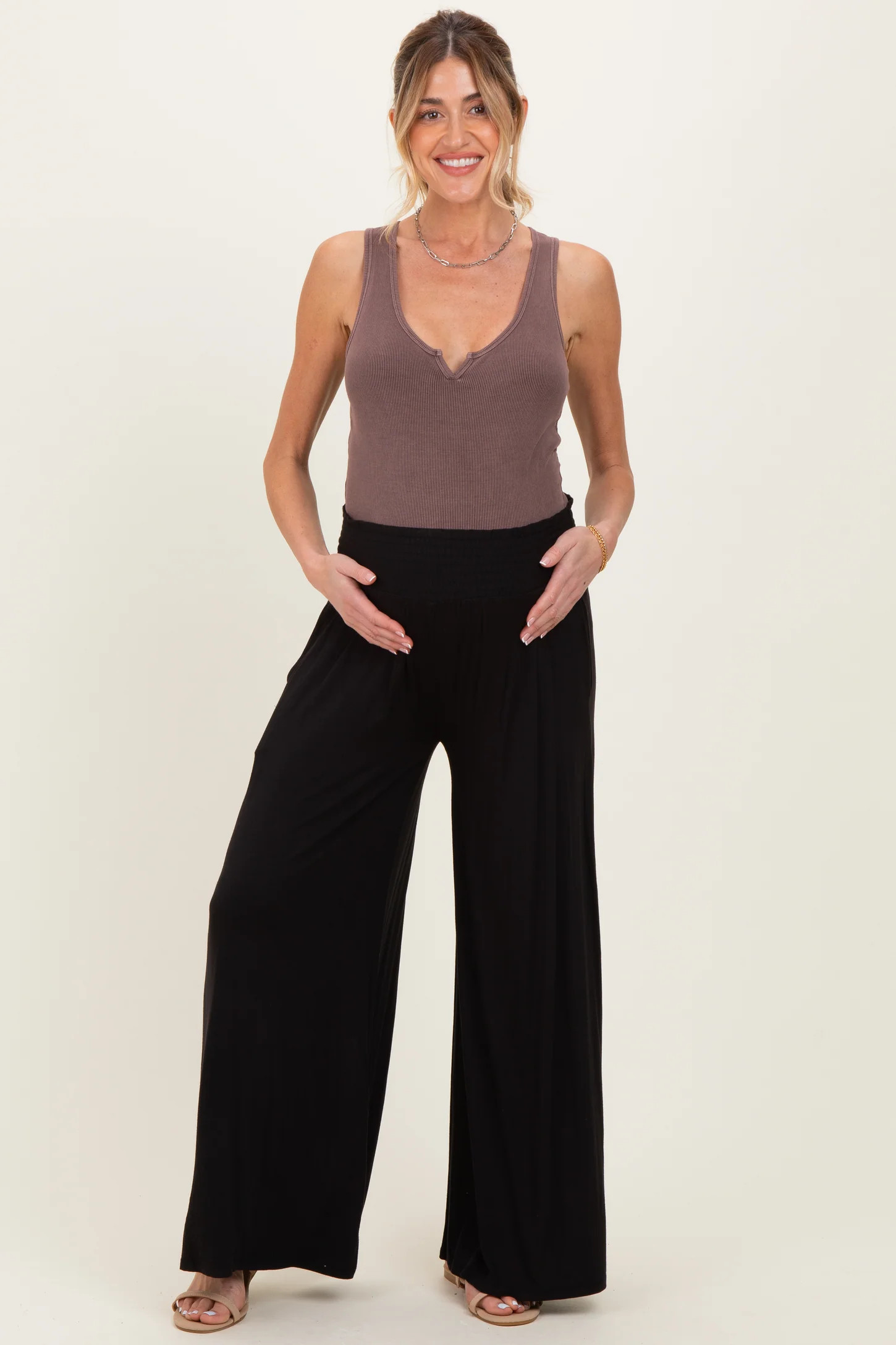 Black Smocked Waist Wide Leg Maternity Pants | PinkBlush Maternity