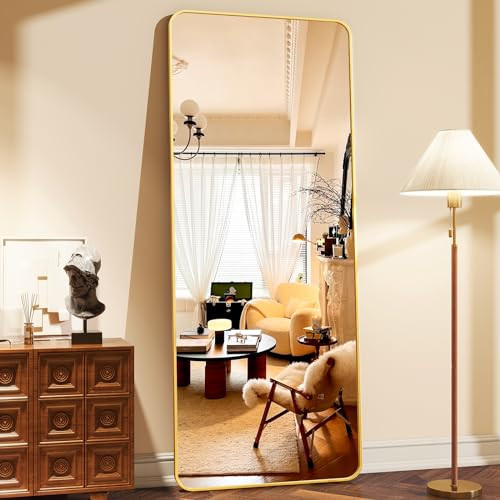 XRAMFY 64"x21" Full Length Mirror, Full Body Rounded Corner Rectangle Mirrors with Stand, Standing or Leaning Metal Framed Floor Mirror, Wall Mounted Mirrors Hang Horizontally or Vertically, Gold | Amazon (US)
