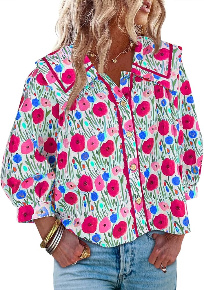 Cicy Bell Womens Floral Button Down Shirts Trendy Casual 3/4 Lantern Sleeve Blouse Square Neck Co... | Amazon (US)