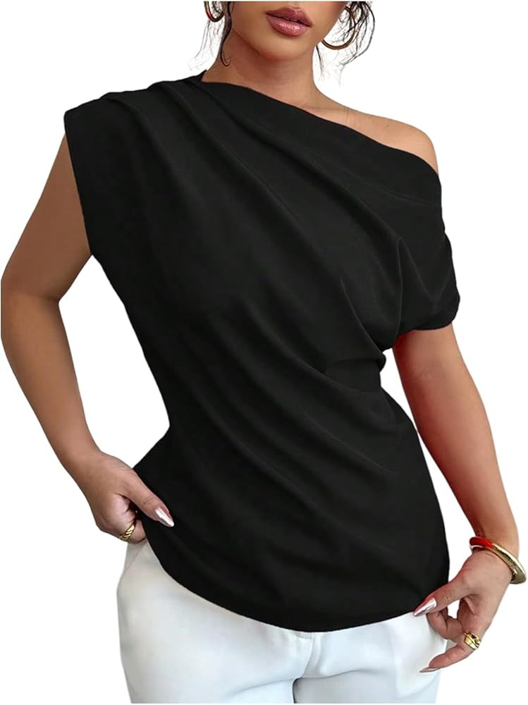 SOLY HUX Women's Blouse Ruched Off The Shoulder Short Sleeve Asymmetric Neck Summer Tops | Amazon (US)