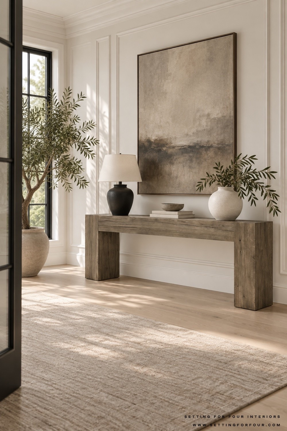 Neutral console table decor and wall art. Entryway, hallway, living room, table lamp, ottoman, cozy, earthy, moody, organic modern, transitional, beige, brown, wood, sale, Nancy Meyers style, Wayfair home, Pottery Barn style

#LTKSaleAlert #LTKHome #LTKSeasonal