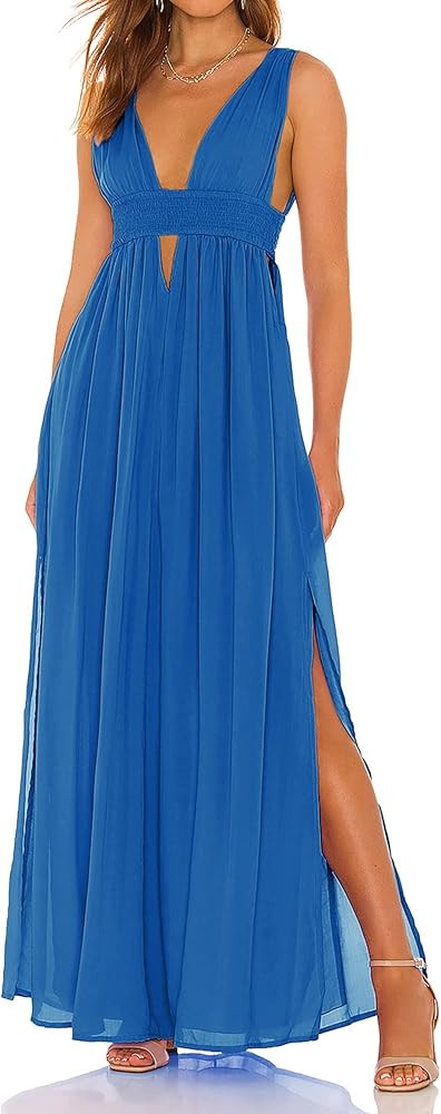 R.Vivimos Boho Dress for Women Sexy Deep V Neck Sleeveless Hollow Out Backless Casual Side Slit M... | Amazon (US)