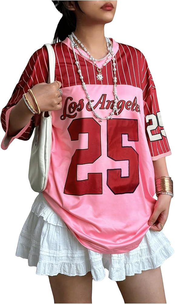 SOLY HUX Jersey Shirts for Women Y2k Oversized T Shirt Striped Number Graphic Tees V Neck Half Sl... | Amazon (US)