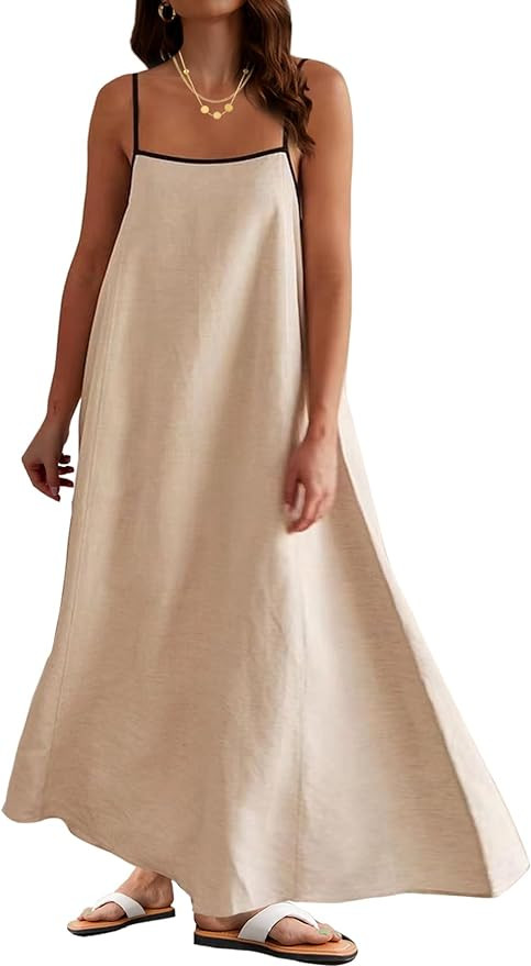Womens Linen Maxi Dress Contrast Trim Spaghetti Straps Summer Outfits Travel Vacation Sleeveless ... | Amazon (US)