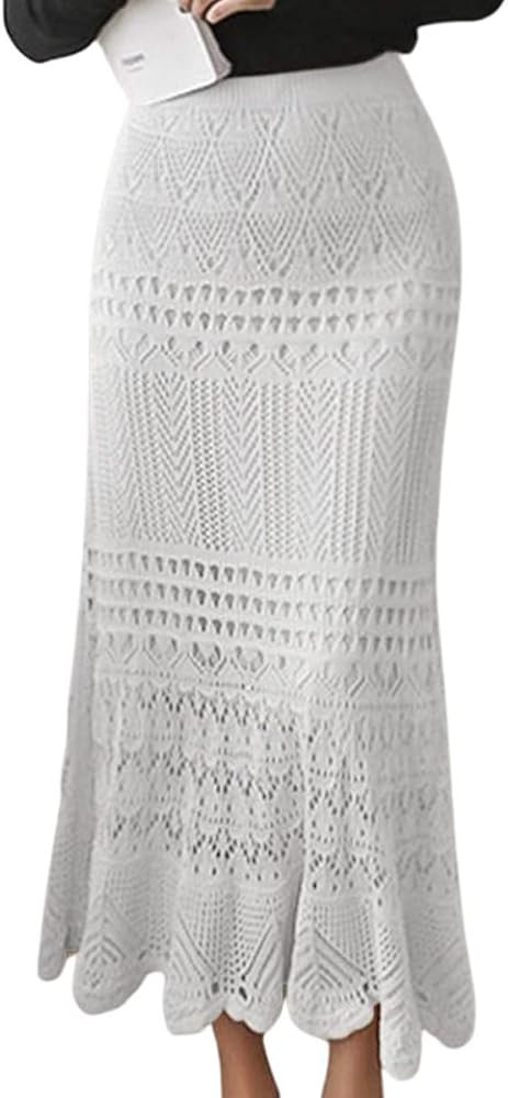 Leyoutx Women's Crochet Knitted Stretchy High Waist Hollow Out Lined Lace Maxi Skirt | Amazon (US)