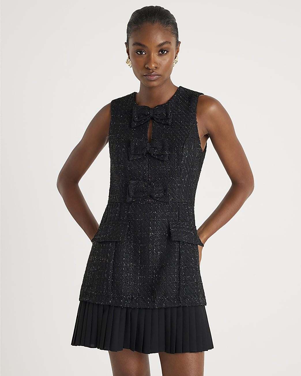 Black Boucle Bow Front Mini Dress | River Island UK & IE