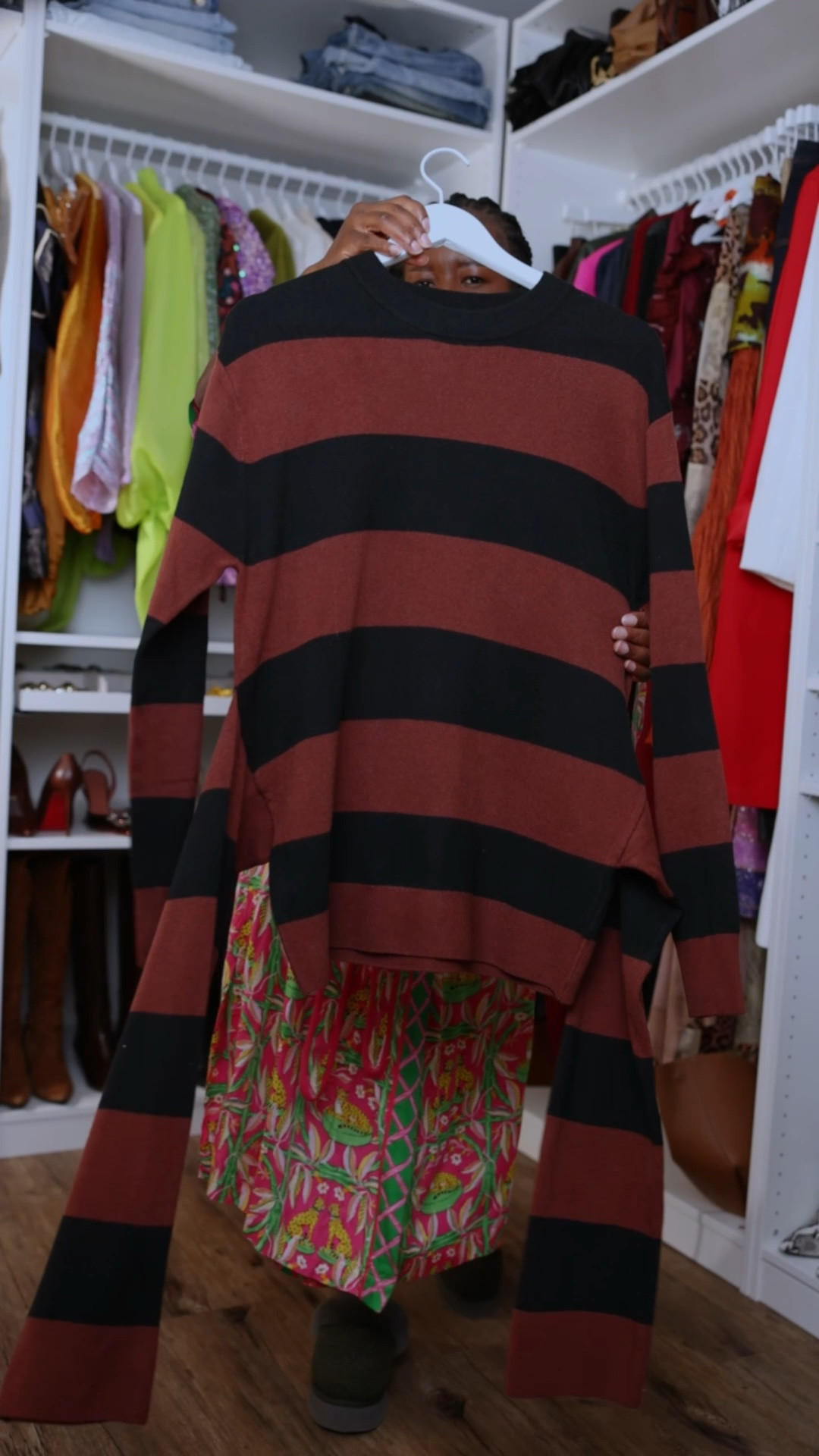 Elevated Fall Casual Outfit 🍂Sharing some fall style inspiration featuring my striped wrap sweater styled in a fun, unexpected way. I layered it over a classic black dress shirt, paired it with super oversized jorts, and finished the look with over-the-knee boots and a micro bag. Perfect mix of casual and chic for the season! 

#LTKSeasonal #LTKStyleTip #LTKMidsize