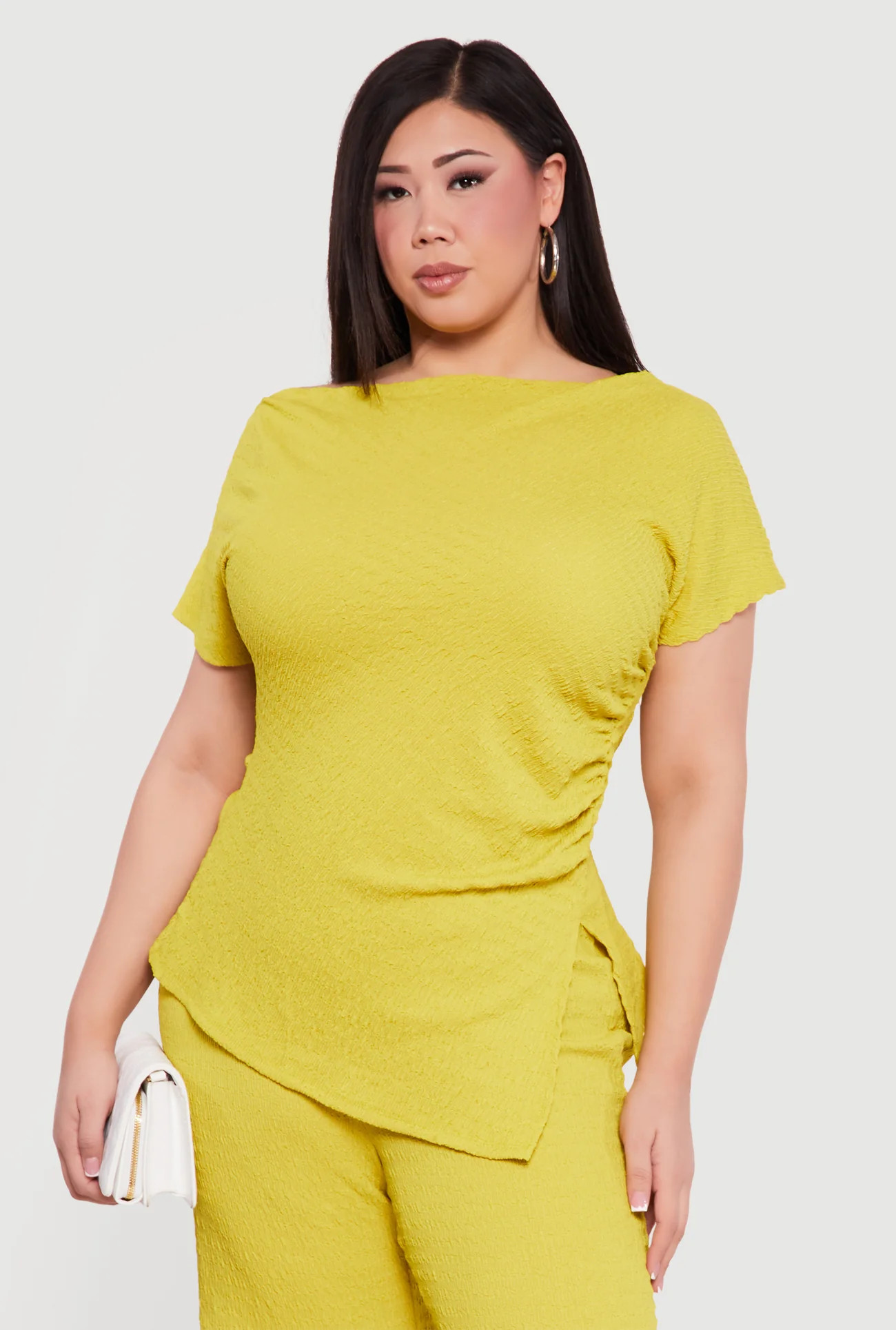 Plus Size Textured Knit Side Slit Asymmetrical Blouse | Rainbow Shops