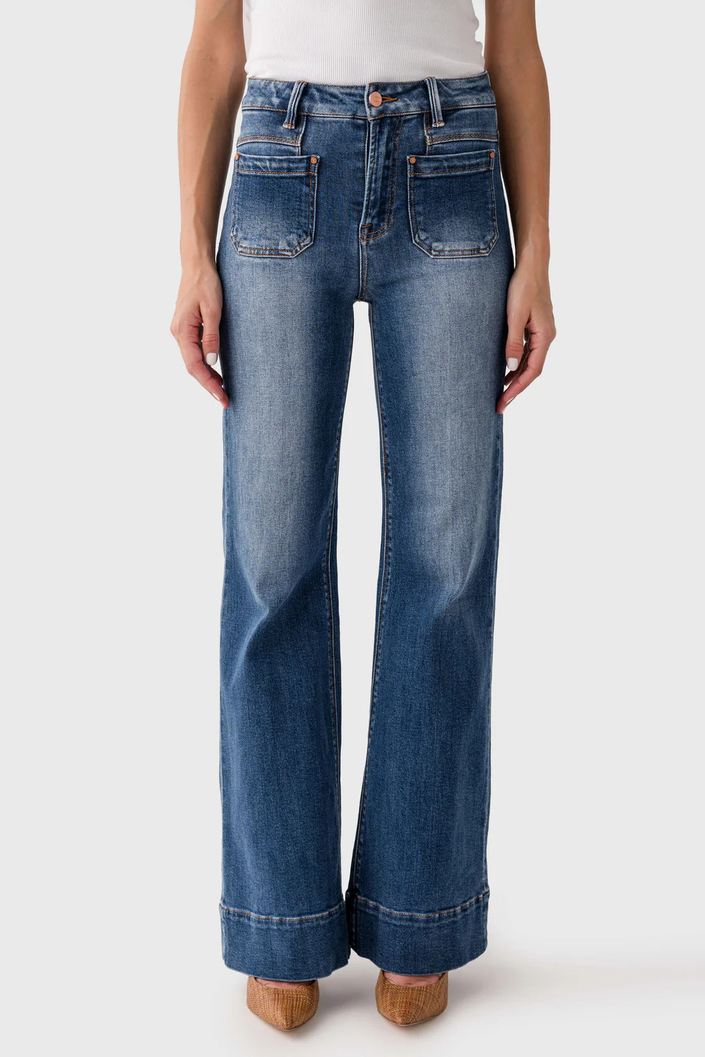 Risen Avery High Rise Wide Flare Patch Pocket Jeans | Social Threads