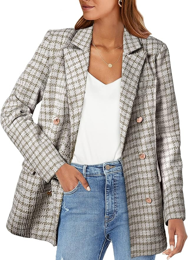Happy Sailed Womens Tweed Blazers Casual Jackets Long Sleeve Double Breasted Open Front Plaid Bla... | Amazon (US)