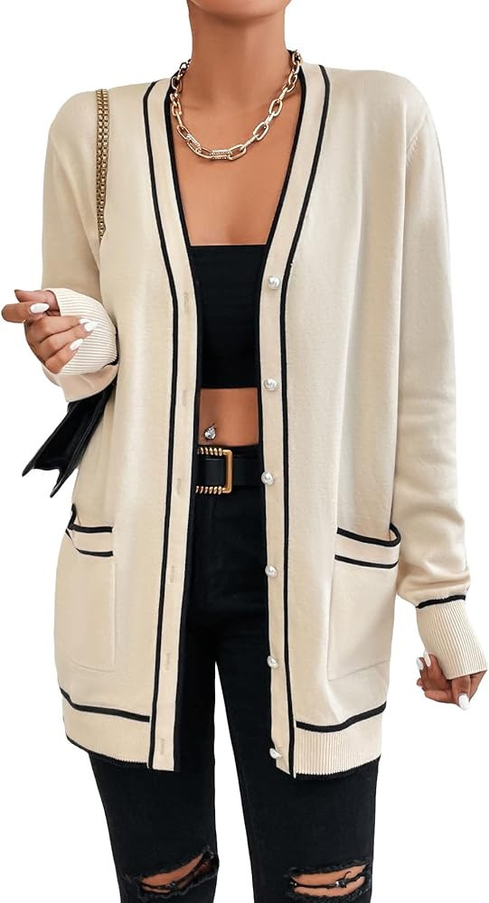 Verdusa Women's Contrast Binding Button Front Long Sleeve Knitted Cardigan Sweater | Amazon (US)