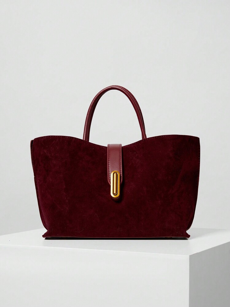 1pc Burgundy Faux Suede High-Quality Niche Hand-Held Grocery/Tote Bag With Detachable Shoulder St... | SHEIN