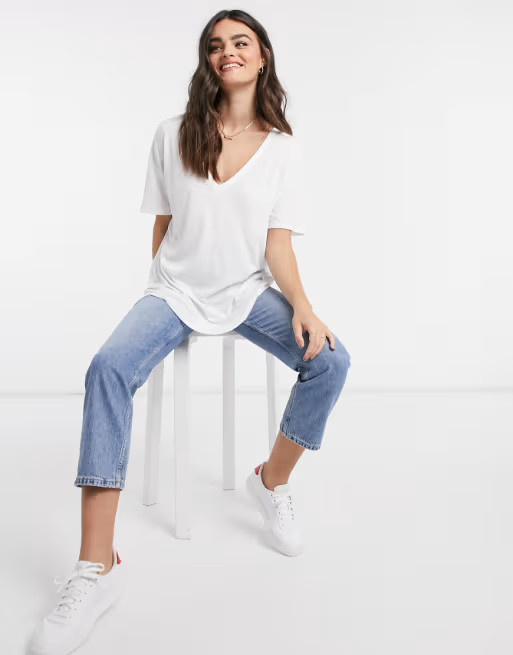 ASOS DESIGN oversized v neck top with curved hem in clean rib in white | ASOS (Global)