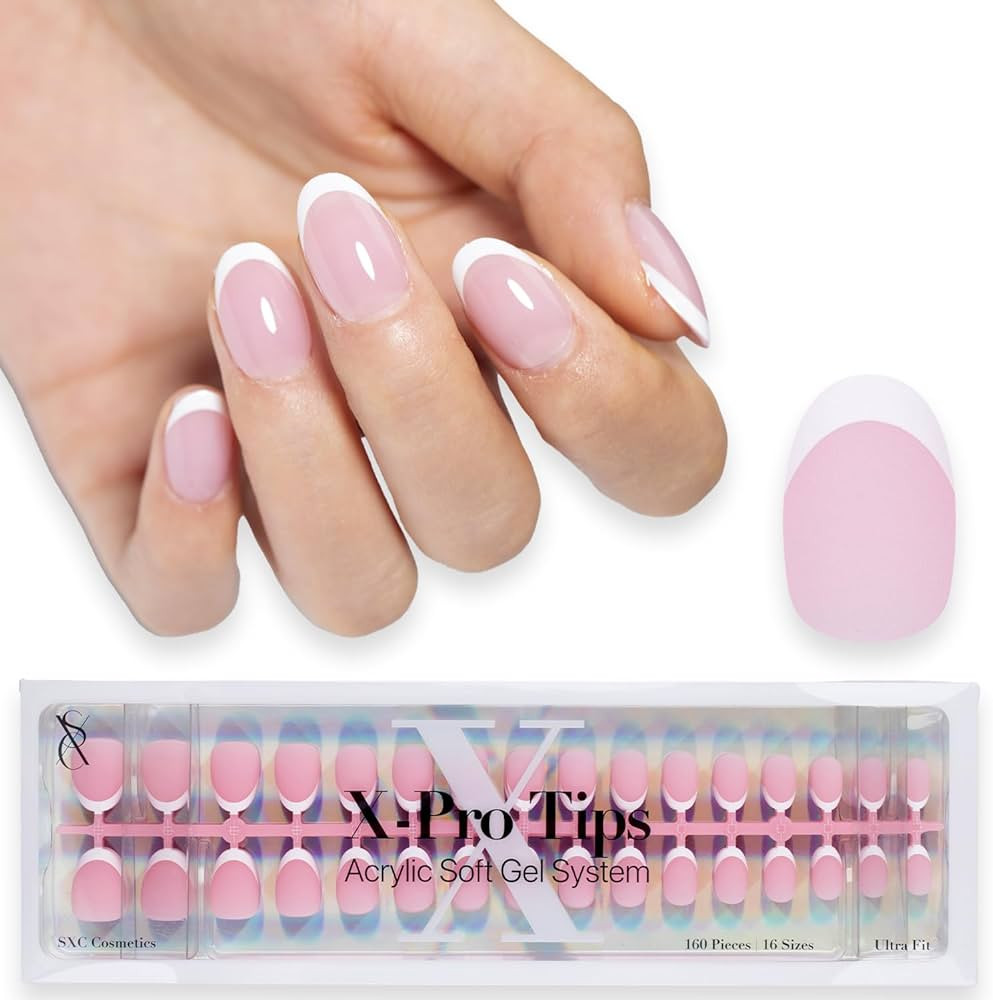 SXC Cosmetics French Tip Press On Nails Pink Extra Short Almond 160 Pieces in 16 Sizes Ultra Fit ... | Amazon (US)