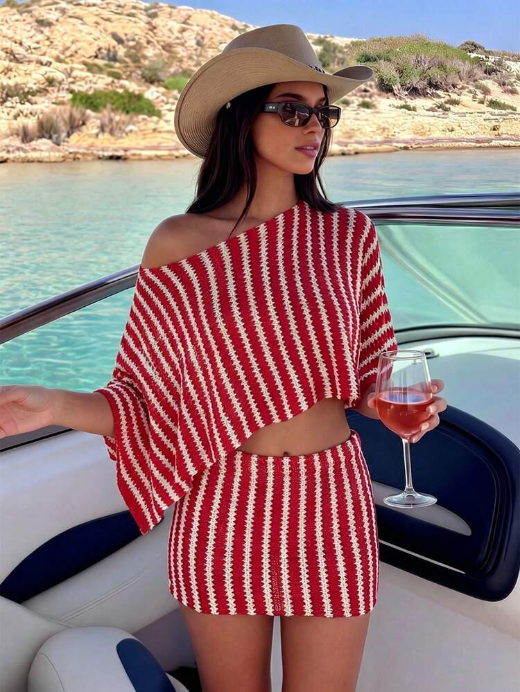 Bonvoyette Women 2-Piece Knit Set,Red And White Stripe Off-Shoulder Batwing Sleeve Crop Top,Mini ... | SHEIN