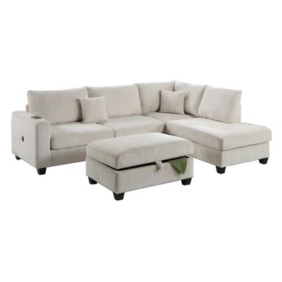 Ivory Color 3Pc Sectional Set Corduroy Upholstered LAF Sofa RAF Chaise Ottoman L-Sectional Living Room Furniture | Wayfair North America