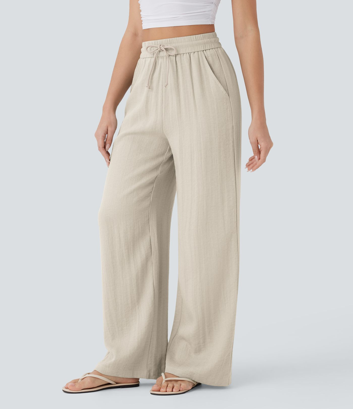 High Waisted Drawstring Pocket Wide Leg Baggy Casual Linen-Feel Pants | HALARA