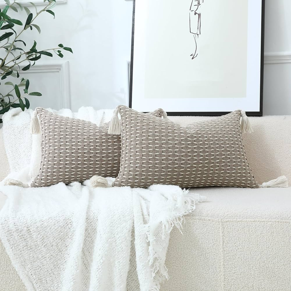 sykting Set of 2 Textured Modern Farmhouse Boho Lumbar Pillow Covers Neutral Brown Cotton Woven D... | Amazon (US)