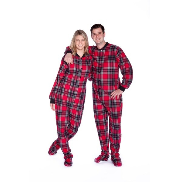 Red & Black Plaid Cotton Flannel Adult Footie Pajamas Sleeper Footed Pajamas | Bed Bath & Beyond