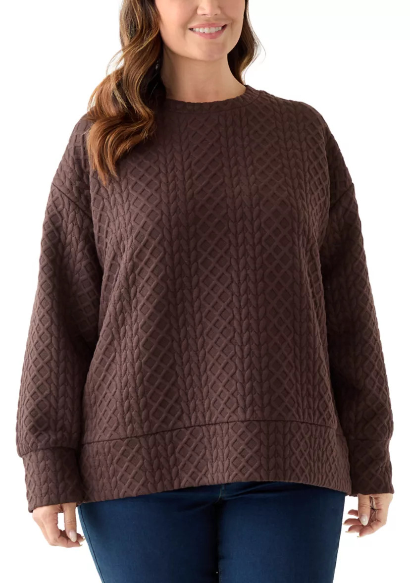 Plus Size Long Sleeve Textured Crew Sweater with Side Zips | Belk