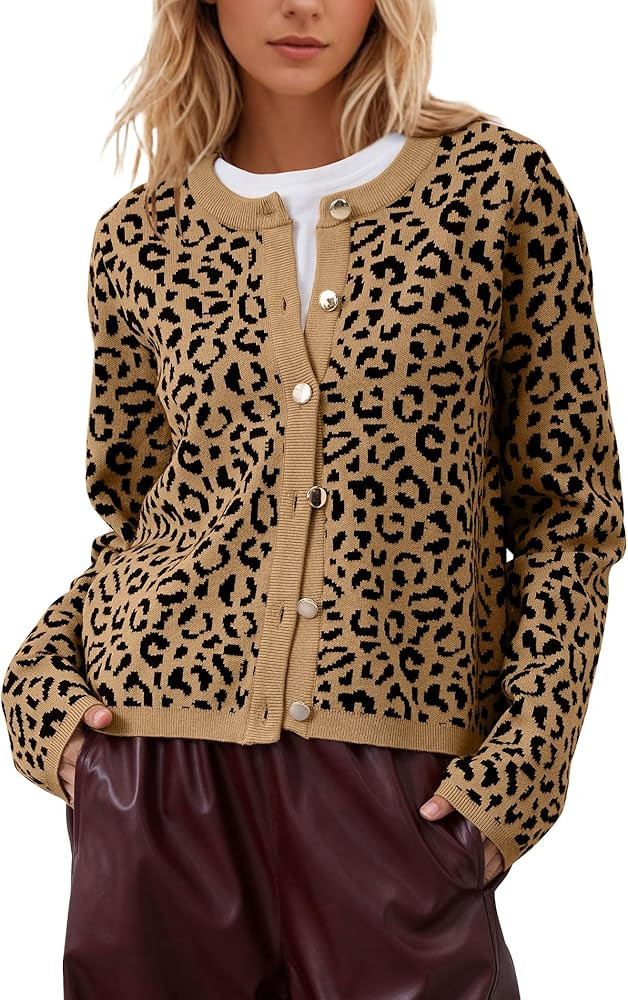 Leopard Cardigan Long Sleeve Open Front Button Up Cheetah Print Top Leopard Sweater Coat Cropped ... | Amazon (US)