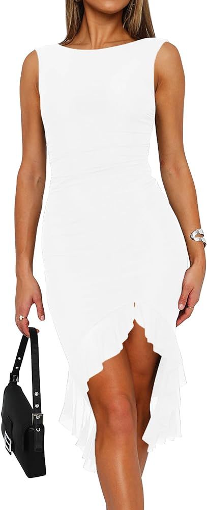 BORIFLORS Women's Sexy Ruched Bodycon Midi Dresses Elegant Sleeveless Backless Ruffle Hem Cocktai... | Amazon (US)