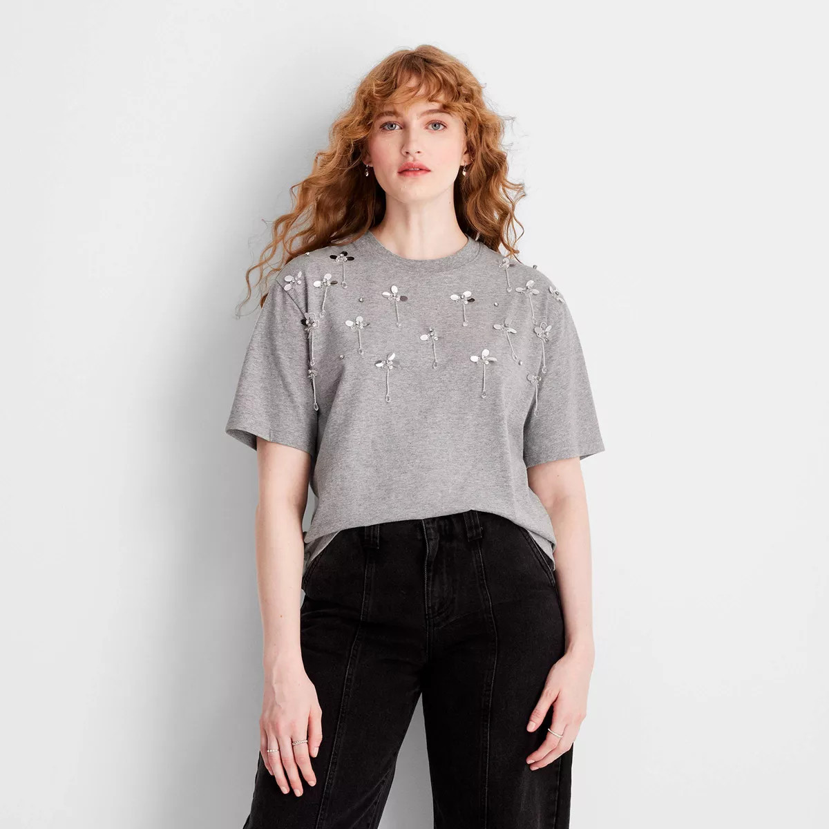 Women's Short Sleeve Embellished T-Shirt - Future Collective Heather Gray XL | Target