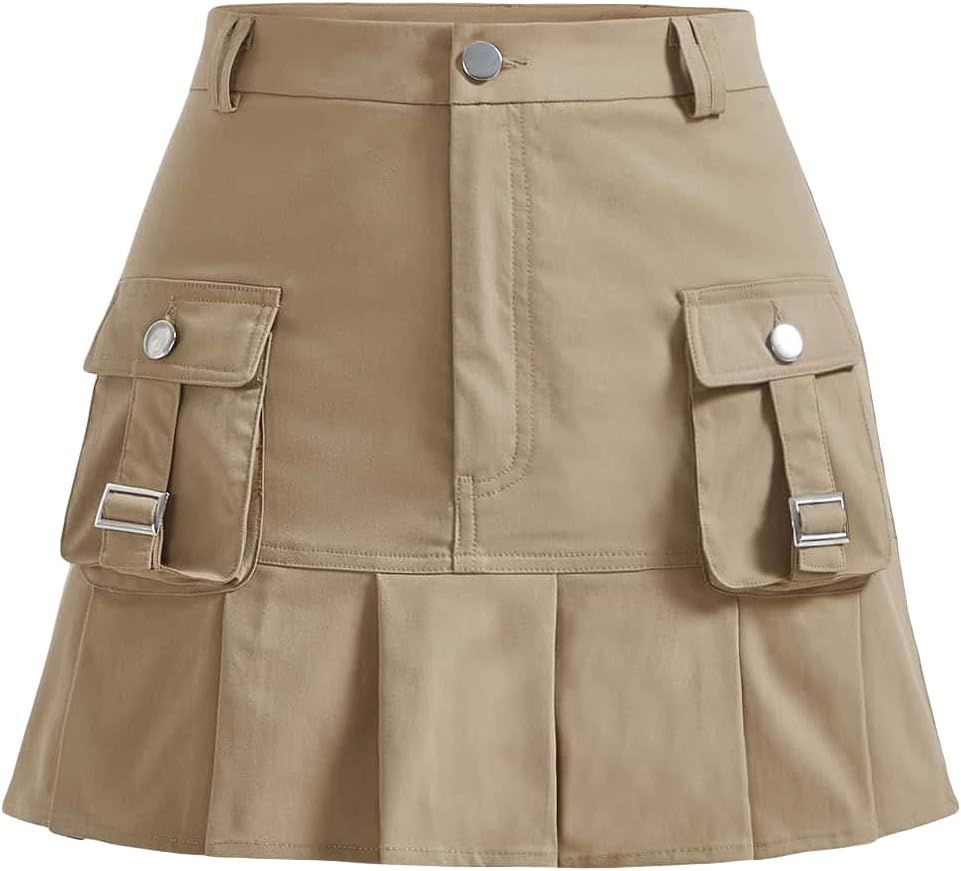 Verdusa Women's High Waist A Line Pleated Short Cargo Skirt with Pocket | Amazon (US)