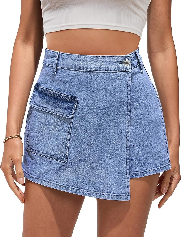 luvamia Denim Skorts for Woman Cargo Faux Wrap Jean Skort Skirts Stretchy High Waisted Skirt Shor... | Amazon (US)