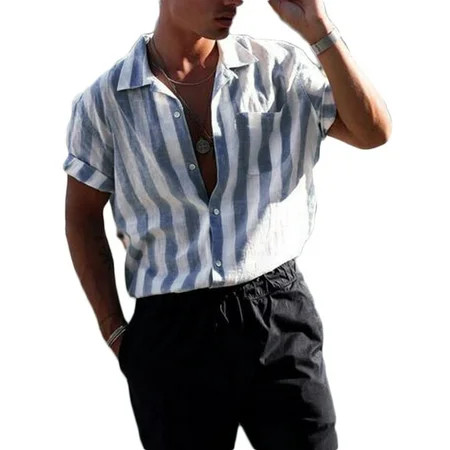 Mens Summer Short Sleeve Buttons Down Striped Shirts | Walmart (US)