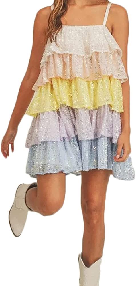Women Rainbow Sequin Dress Spaghetti Strap Sleeveless Glitter Sparkly Tiered Party Disco Dance Mi... | Amazon (US)