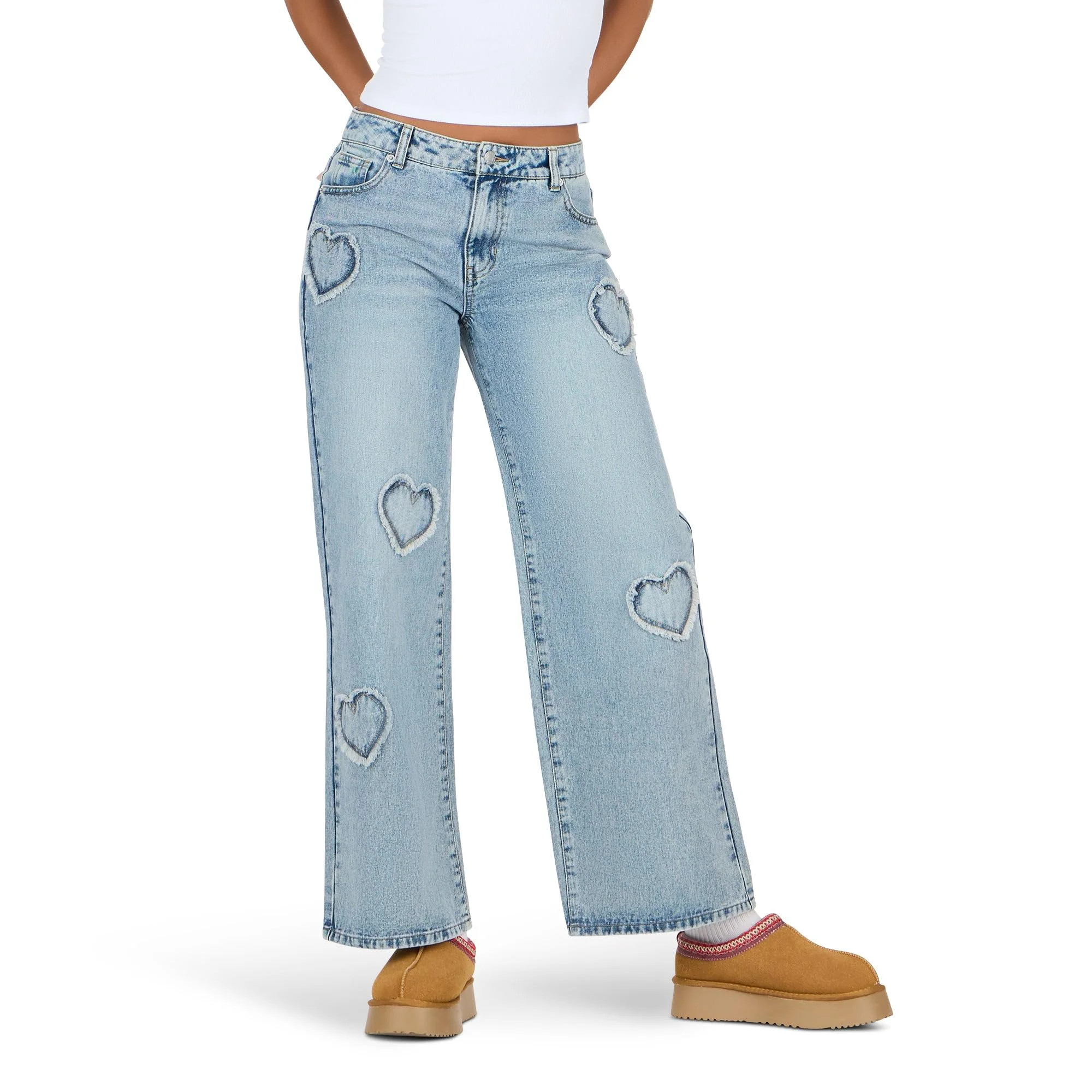 Forever 21 Women’s Low Waist Wide Leg Denim Jeans with Heart Patch Details, Color- Blue, Size- ... | Walmart (US)