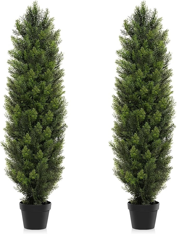 Two Pack 5ft Artificial Cedar Topiary Trees, Outdoor Faux Pine Shrubs Arborvitae Plants 60 Inch U... | Amazon (US)