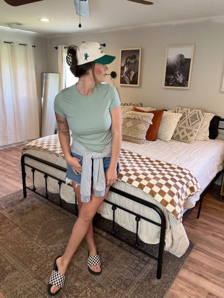 Todays casual, tall friendly outfit

True size 31/12 in shorts
True size large in shirt
Hat out of stock but linked similar from same brand
Slides are men’s sizing but run small - do your true women’s size in men’s - I’m a women’s 11 & did a men’s 11 - they’re so comfy 
