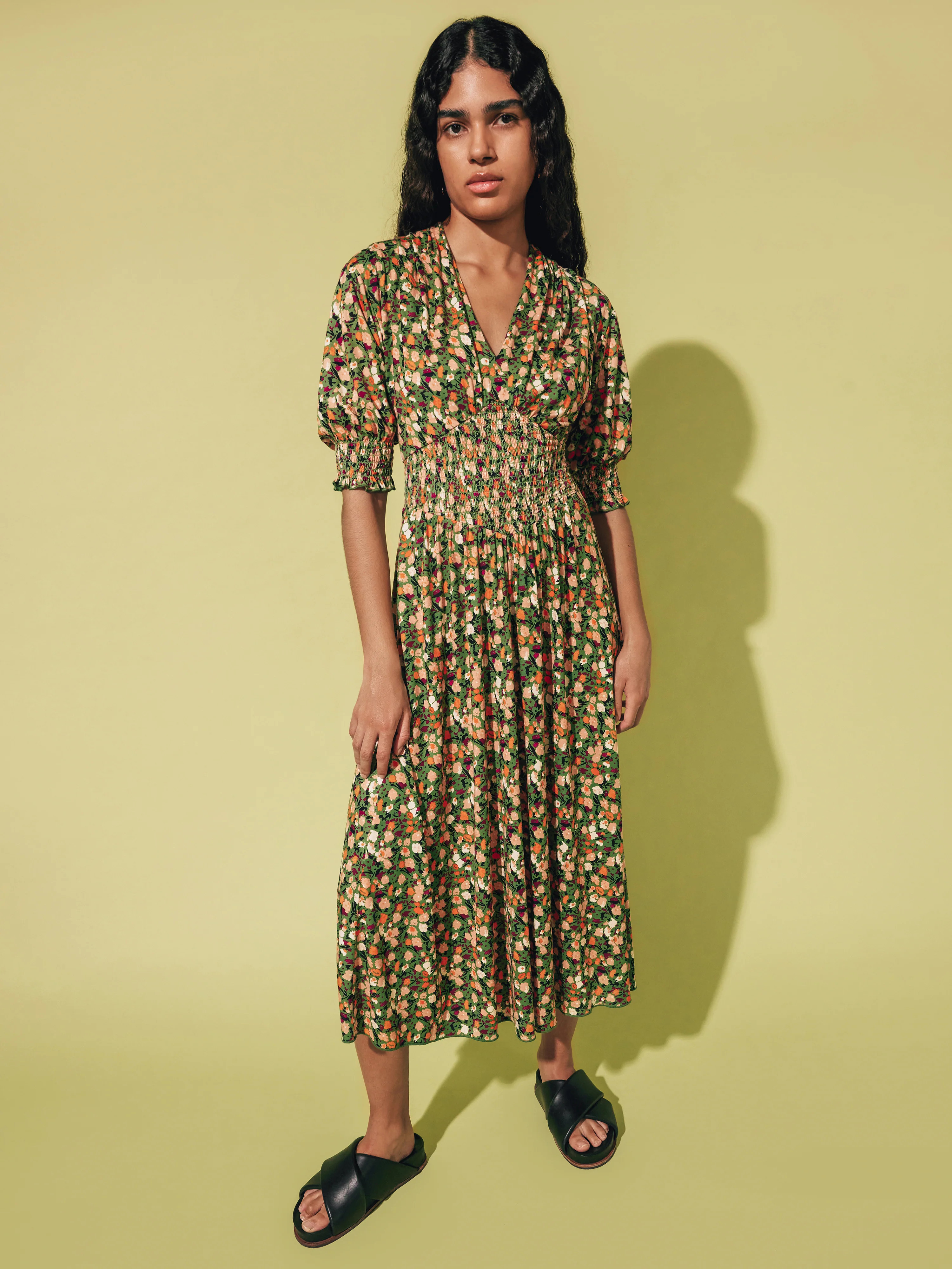 Carnation Smocked Jersey Dress | Green | Jigsaw (UK)