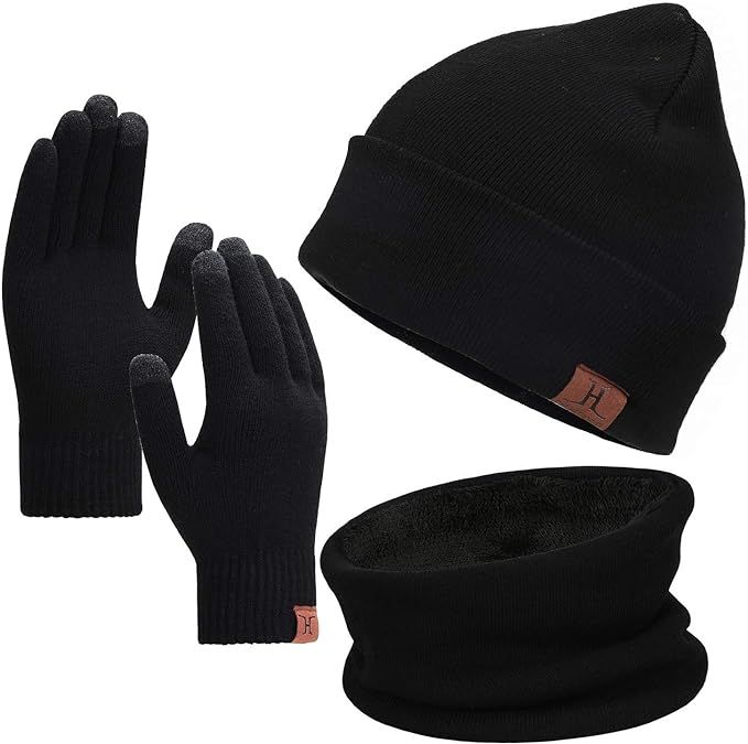 Winter Men Beanie Hat, Scarf, Touch Screen Gloves, 3 Pieces Winter Warm Clothing Set For Men, Bla... | Amazon (US)
